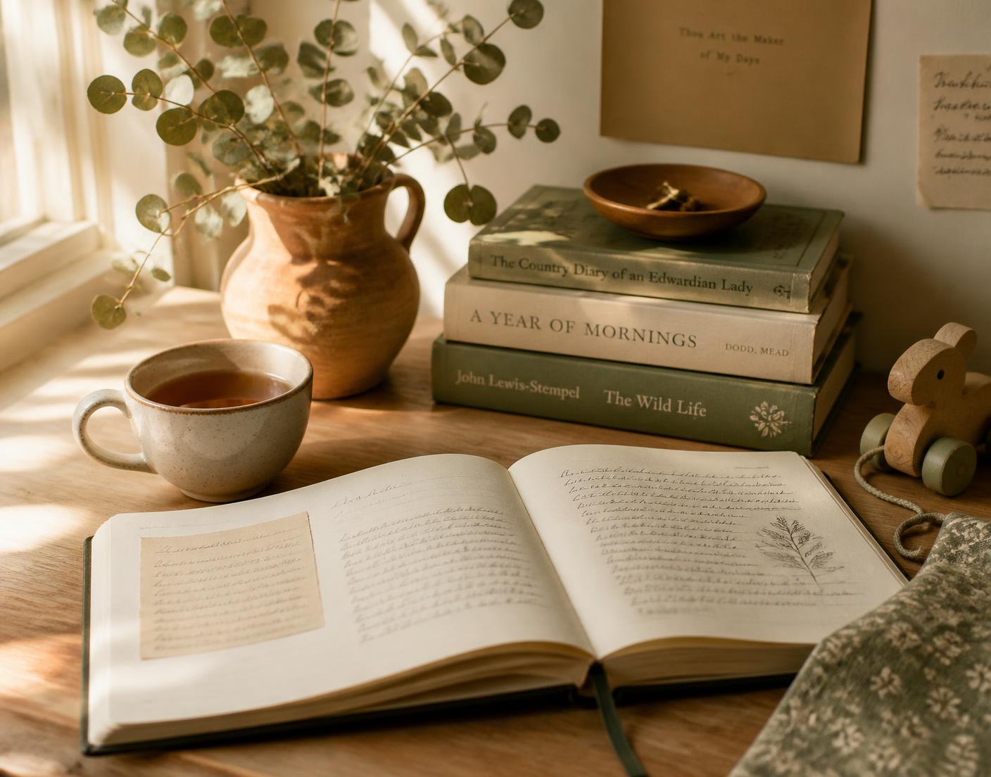 A sunlit desk with an open notebook, tea, books and a child's wooden toy